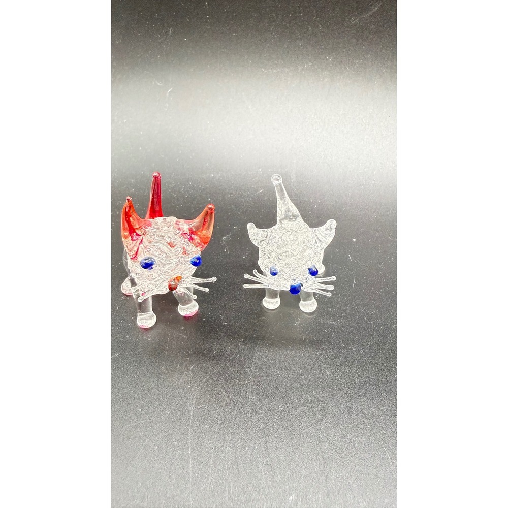 Vintage Spun Glass Cat Figurines Set of 2 Hand Blown Miniature Kittens Red Clear